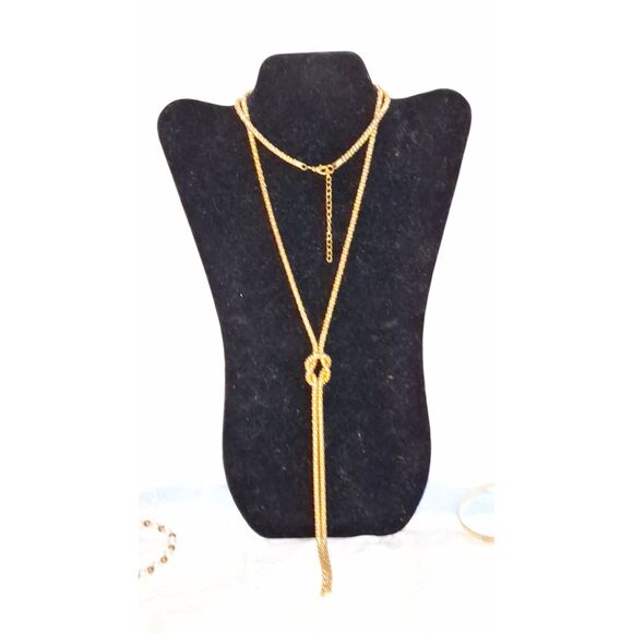 Gold Tone Rope Chain Lariat Necklace Extra Long Elegant Knotted Eveningwear - Picture 1 of 11